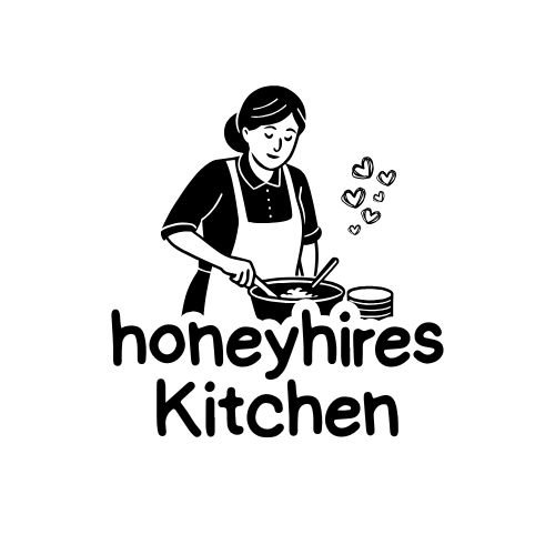 Logo of Honeyhires Kitchen featuring a woman cooking with hearts around, representing love and passion for home cooking and kitchen gadgets