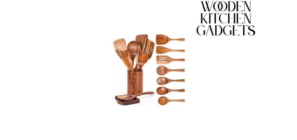 Set of handcrafted wooden kitchen utensils including spoons, spatulas, and ladles in a wooden holder – artisan tools for sustainable and traditional cooking