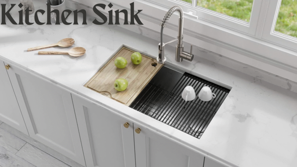 Black and white modern kitchen sink with wooden cutting board and stainless steel faucet by the window