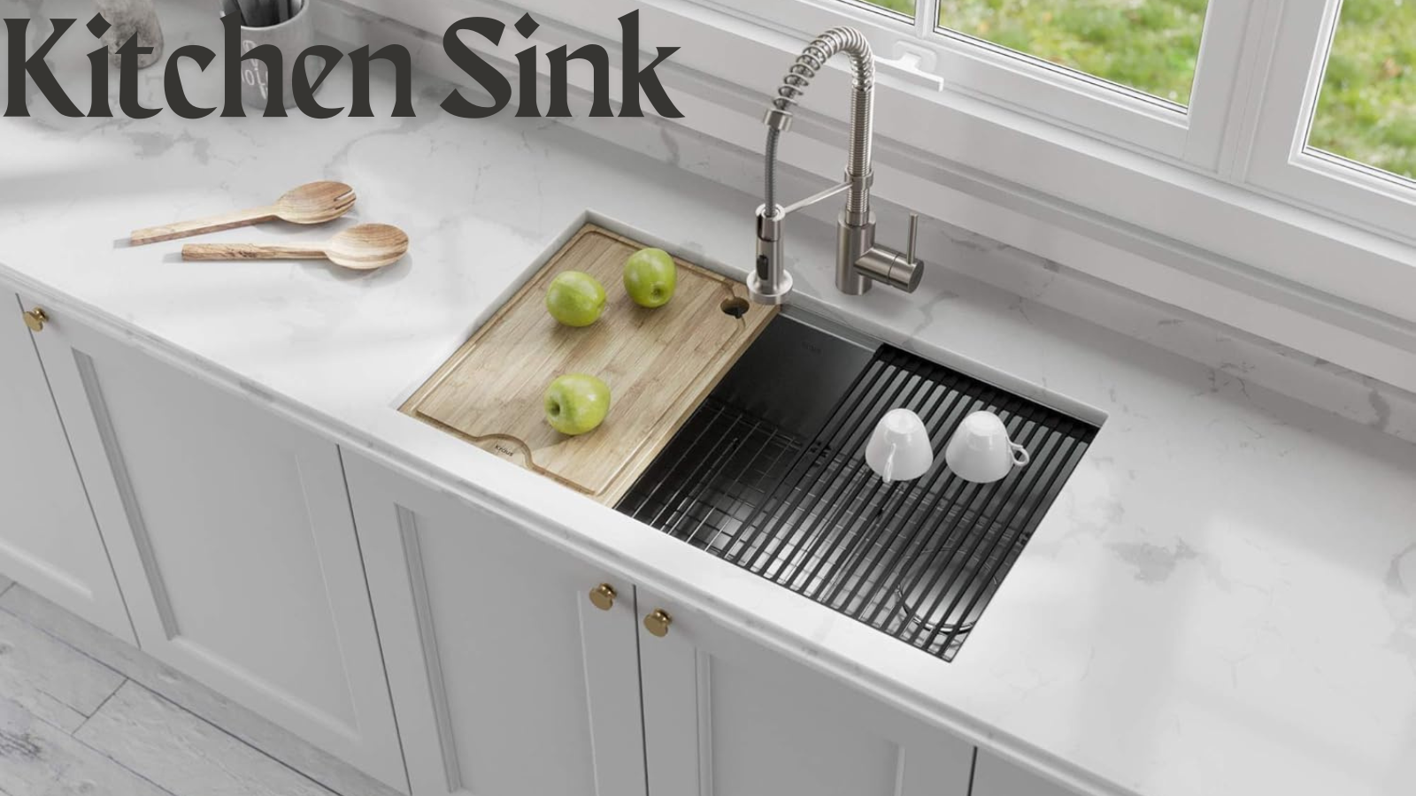Black and white modern kitchen sink with wooden cutting board and stainless steel faucet by the window