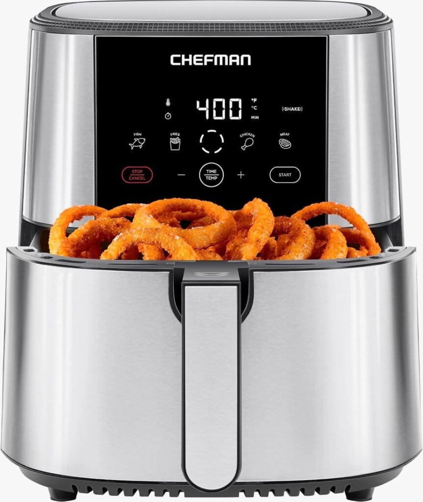 Chefman digital air fryer with onion rings in basket, displaying 400°F on the touchscreen
