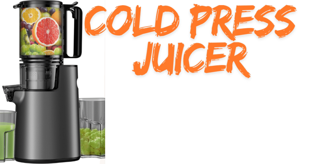 Cold press juicer with a transparent container full of colorful fruits and juice cups on the sides, promoting healthy juicing.