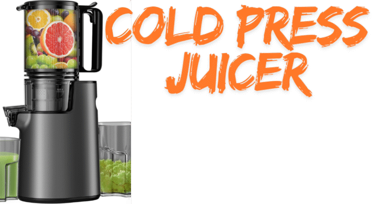 Cold press juicer with a transparent container full of colorful fruits and juice cups on the sides, promoting healthy juicing.