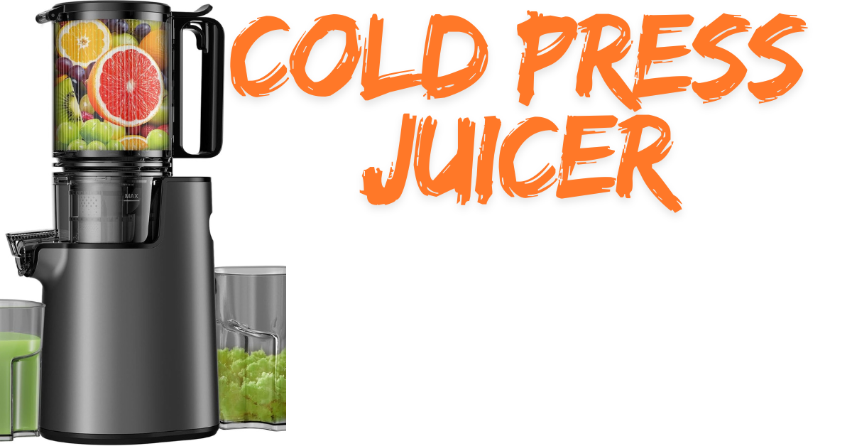 Cold press juicer with a transparent container full of colorful fruits and juice cups on the sides, promoting healthy juicing.